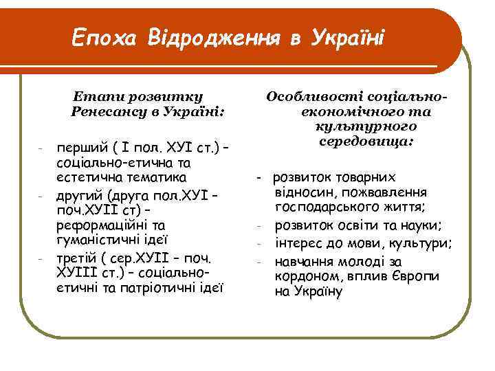 Епоха Відродження в Україні Етапи розвитку Ренесансу в Україні: - - - перший (