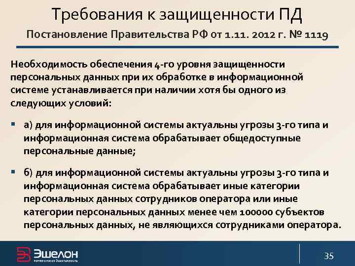 Требования к защищенности ПД Постановление Правительства РФ от 1. 11. 2012 г. № 1119