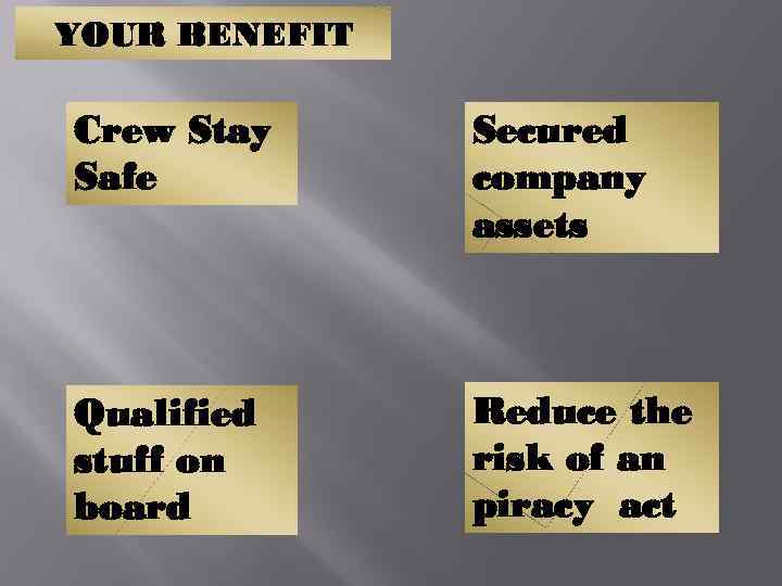 YOUR BENEFIT Crew Stay Safe Secured company assets Qualified stuff on board Reduce the