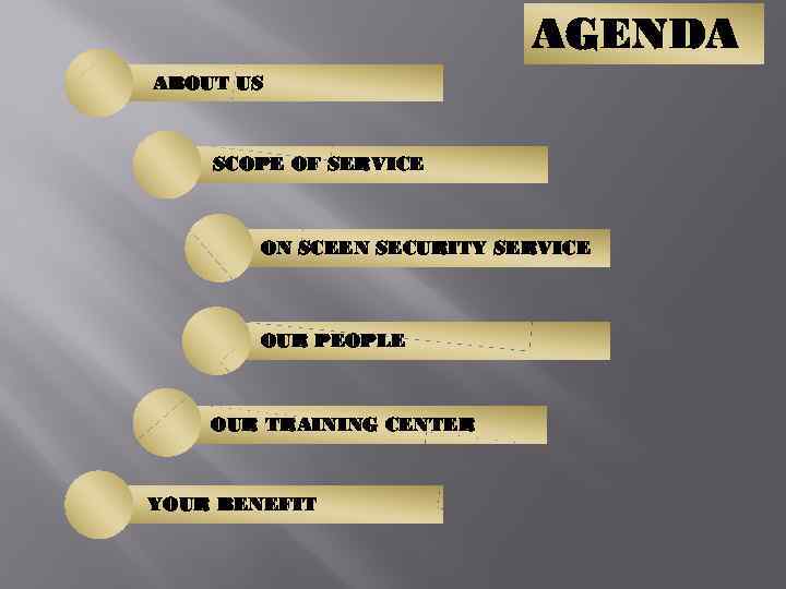 AGENDA ABOUT US SCOPE OF SERVICE ON SCEEN SECURITY SERVICE OUR PEOPLE OUR TRAINING