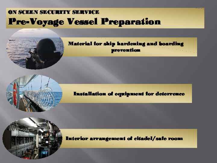 ON SCEEN SECURITY SERVICE Pre-Voyage Vessel Preparation Material for ship hardening and boarding prevention