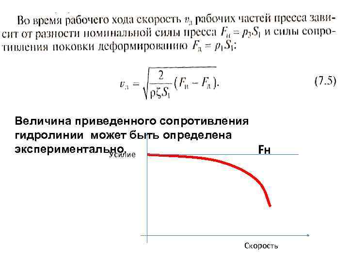 Величина приведенного сопротивления гидролинии может быть определена экспериментально. Fн Усилие Скорость 
