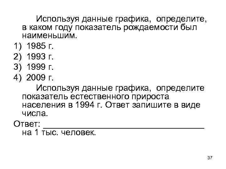 Используя данные графика, определите, в каком году показатель рождаемости был наименьшим. 1) 1985 г.