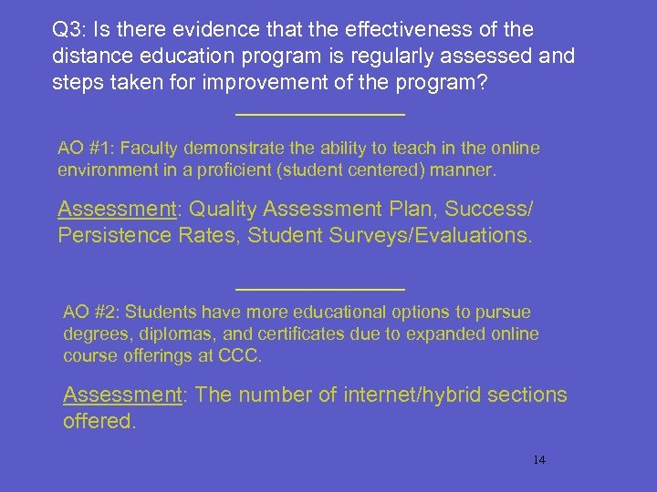 Q 3: Is there evidence that the effectiveness of the distance education program is