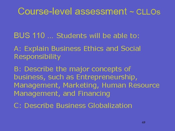 Course-level assessment ~ CLLOs BUS 110 … Students will be able to: A: Explain