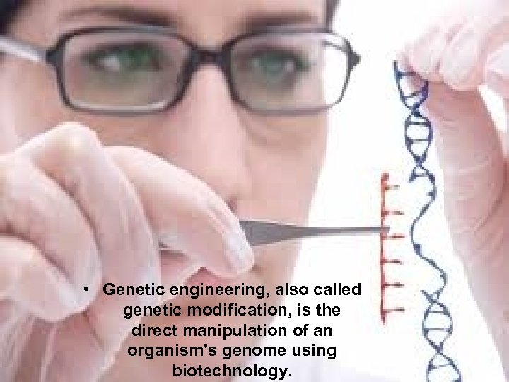  • Genetic engineering, also called genetic modification, is the direct manipulation of an