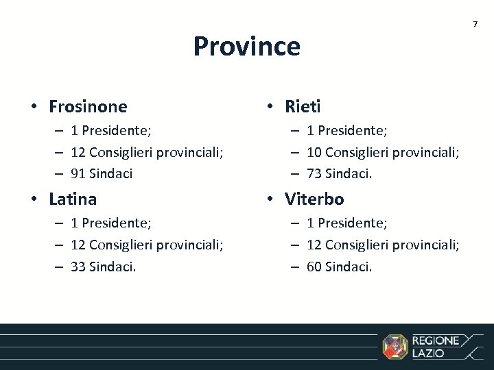 Province • Frosinone – 1 Presidente; – 12 Consiglieri provinciali; – 91 Sindaci •