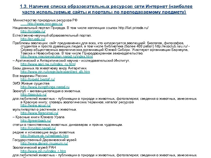 1. 3. Наличие списка образовательных ресурсов сети Интернет (наиболее часто используемые сайты и порталы