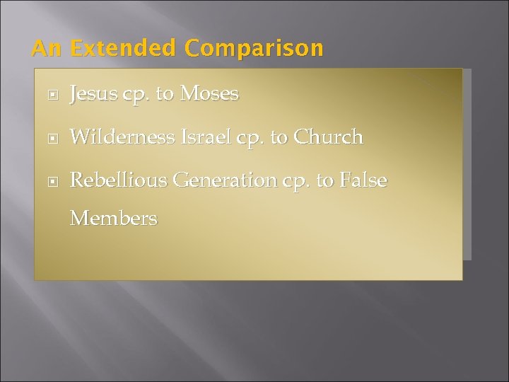 An Extended Comparison Jesus cp. to Moses Wilderness Israel cp. to Church Rebellious Generation