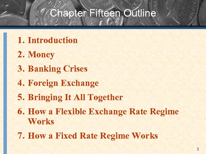 Chapter Fifteen Outline 1. Introduction 2. Money 3. Banking Crises 4. Foreign Exchange 5.