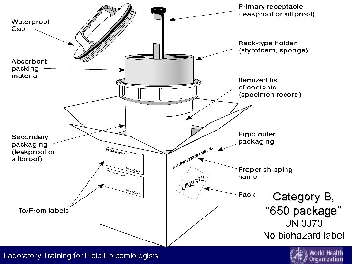 Category B, “ 650 package” UN 3373 No biohazard label Laboratory Training for Field