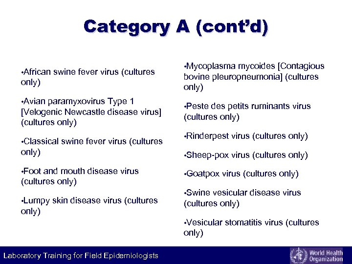 Category A (cont’d) • African swine fever virus (cultures only) • Avian paramyxovirus Type