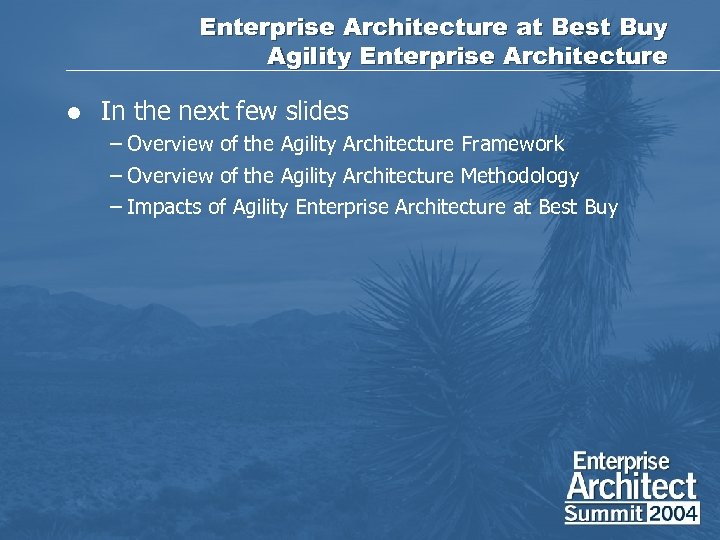 Enterprise Architecture at Best Buy Agility Enterprise Architecture l In the next few slides
