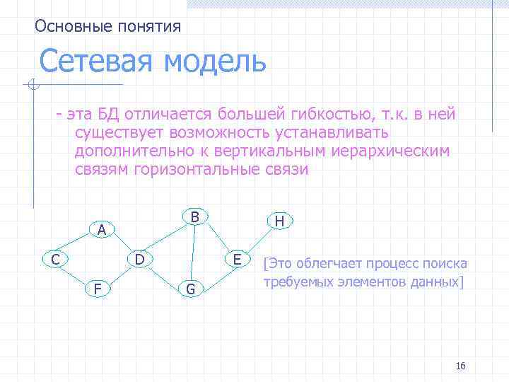 Основные понятия Сетевая модель - эта БД отличается большей гибкостью, т. к. в ней