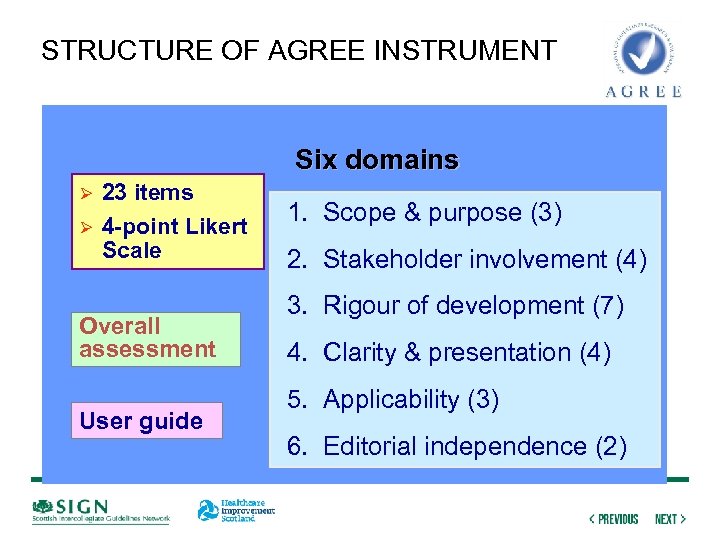 STRUCTURE OF AGREE INSTRUMENT Six domains Ø Ø 23 items 4 -point Likert Scale