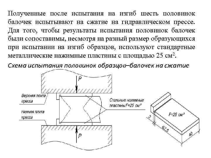 Полученные после испытания на изгиб шесть половинок балочек испытывают на сжатие на гидравлическом прессе.