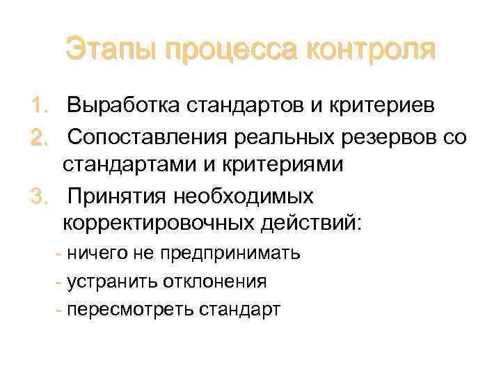 Этапы процесса контроля 1. Выработка стандартов и критериев 1. 2. Сопоставления реальных резервов со