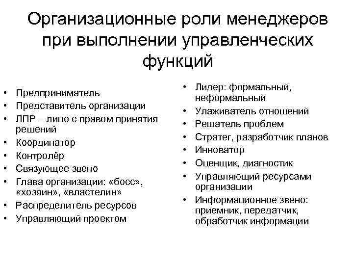 Организационные роли менеджеров при выполнении управленческих функций • Предприниматель • Представитель организации • ЛПР