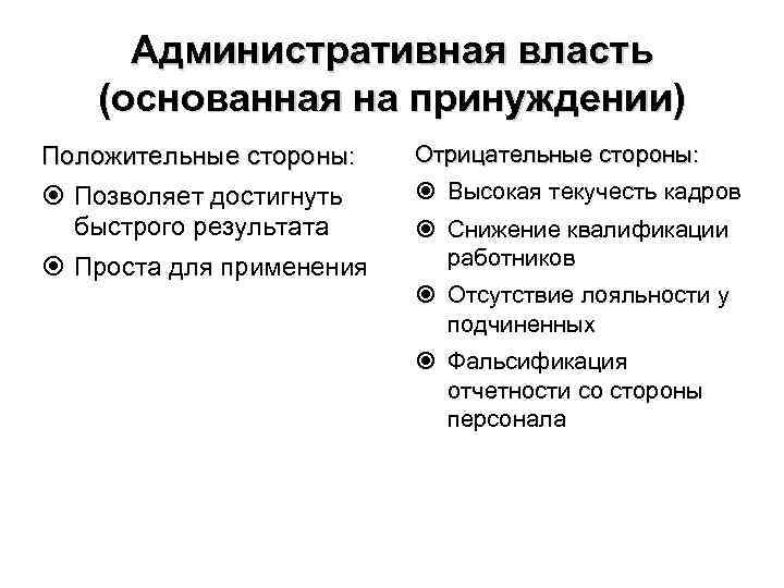 Административная власть (основанная на принуждении) Положительные стороны: Позволяет достигнуть быстрого результата Проста для применения