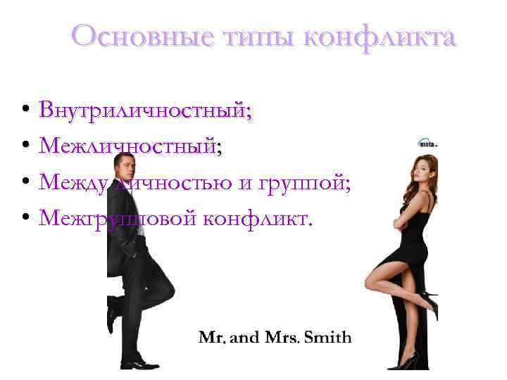 Основные типы конфликта • • Внутриличностный; Между личностью и группой; Межгрупповой конфликт. 