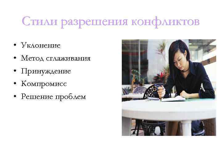 Стили разрешения конфликтов • • • Уклонение Метод сглаживания Принуждение Компромисс Решение проблем 