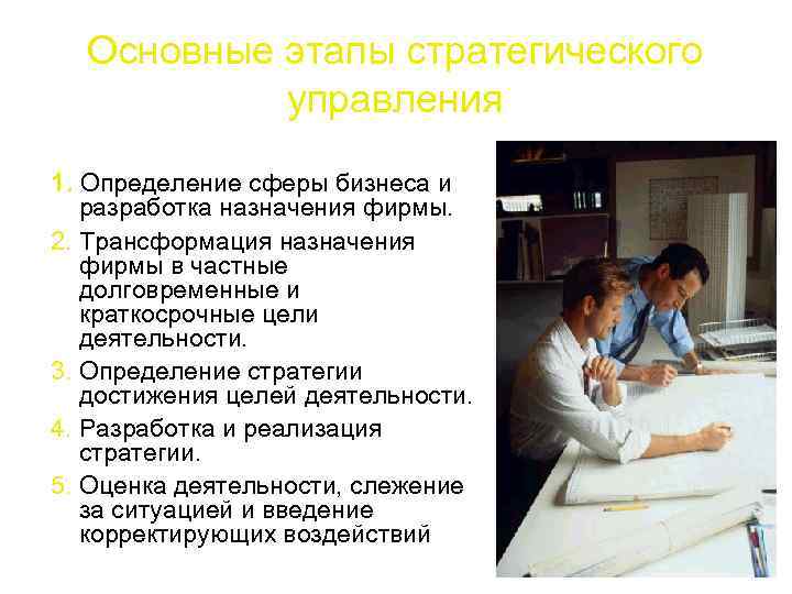 Основные этапы стратегического управления 1. Определение сферы бизнеса и разработка назначения фирмы. 2. Трансформация