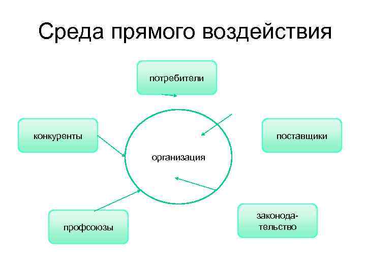 Среда прямого воздействия потребители конкуренты поставщики организация профсоюзы законодательство 