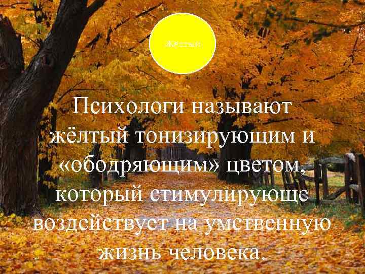 Жёлтый Психологи называют жёлтый тонизирующим и «ободряющим» цветом, который стимулирующе воздействует на умственную жизнь
