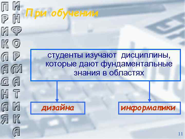 При обучении студенты изучают дисциплины, которые дают фундаментальные знания в областях дизайна информатики 11