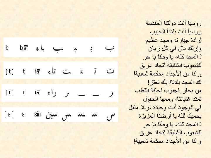  ﺭﻭﺳﻴﺎ ﺃﻨﺖ ﺩﻭﻟﺘﻨﺎ ﺍﻟﻤﻘﺪﺳﺔ ﺭﻭﺳﻴﺎ ﺃﻨﺖ ﺑﻠﺪﻧﺎ ﺍﻟﺤﺒﻴﺐ ﺇﺭﺍﺩﺓ ﺟﺒﺎﺭﺓ، ﻭﻣﺠﺪ ﻋﻈﻴﻢ ﻭﺇﺭﺛﻚ