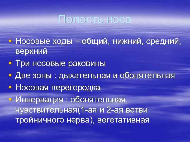 Полость носа § Носовые ходы – общий, нижний, средний, верхний § Три носовые раковины