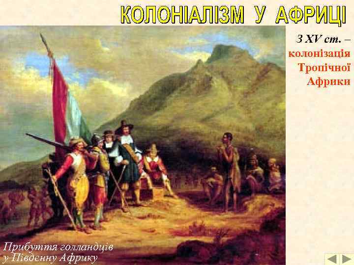 З ХV ст. – колонізація Тропічної Африки Прибуття голландців у Південну Африку 