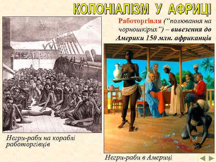 Работоргівля (“полювання на чорношкірих”) – вивезення до Америки 150 млн. африканців Негри-раби на кораблі