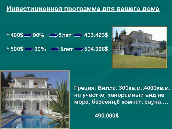 Инвестиционная программа для вашего дома • 400$ 90% 5 лет 403. 463$ • 500$