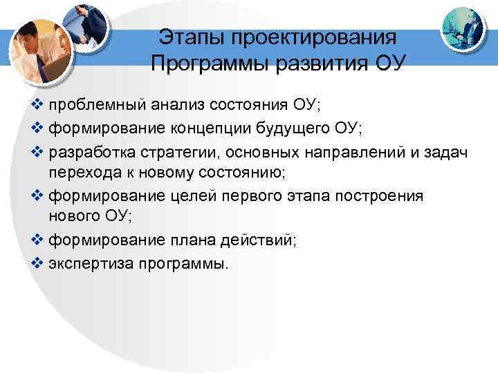 Этапы проектирования Программы развития ОУ v проблемный анализ состояния ОУ; v формирование концепции будущего