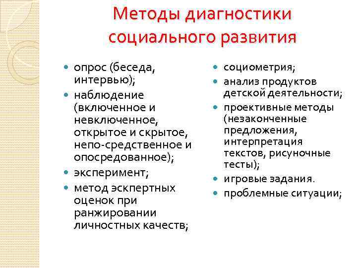 Методы диагностики социального развития опрос (беседа, интервью); наблюдение (включенное и невключенное, открытое и скрытое,