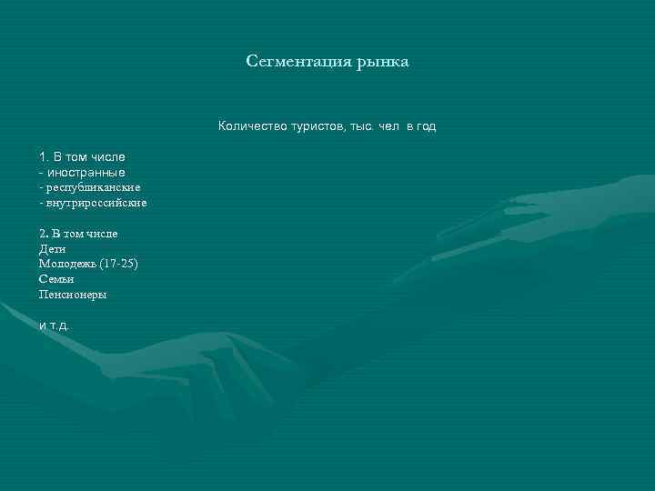 Сегментация рынка Количество туристов, тыс. чел в год 1. В том числе - иностранные