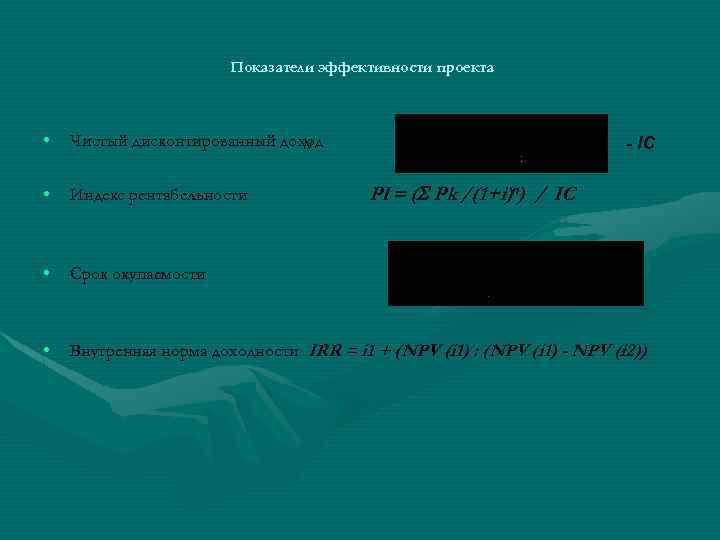 Показатели эффективности проекта • Чистый дисконтированный доход N • Индекс рентабельности • Срок окупаемости