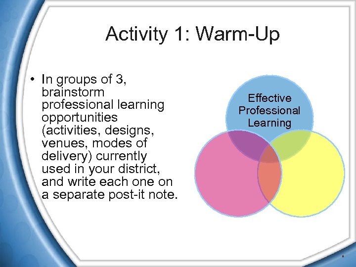 Activity 1: Warm-Up • In groups of 3, brainstorm professional learning opportunities (activities, designs,