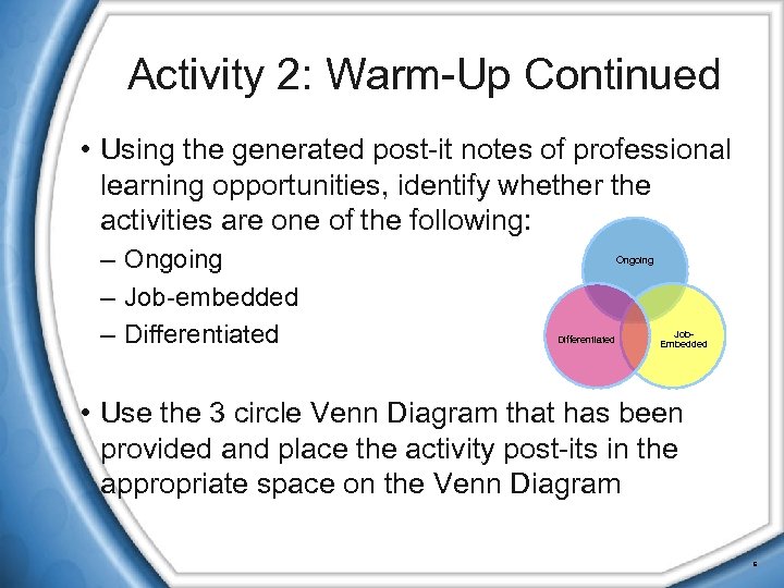 Activity 2: Warm-Up Continued • Using the generated post-it notes of professional learning opportunities,