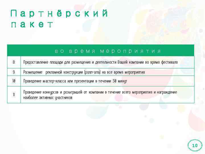 Партнёрский пакет во время мероприятия 8 Предоставление площади для размещения и деятельности Вашей компании