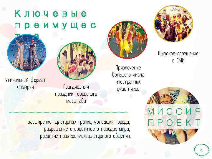 Ключевые преимущес тва Широкое освещение в СМИ Уникальный формат ярмарки Грандиозный праздник городского масштаба