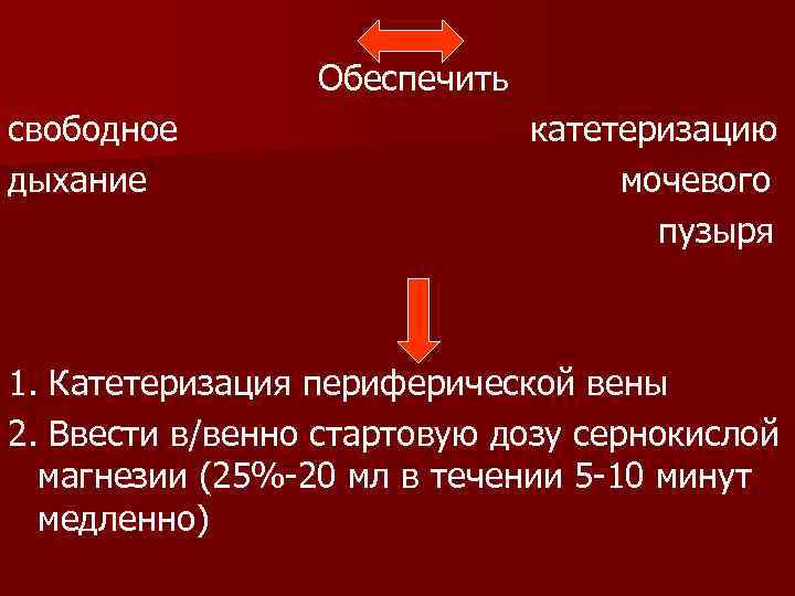 Обеспечить свободное дыхание катетеризацию мочевого пузыря 1. Катетеризация периферической вены 2. Ввести в/венно стартовую