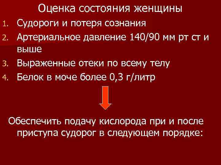 Оценка состояния женщины 1. 2. 3. 4. Судороги и потеря сознания Артериальное давление 140/90