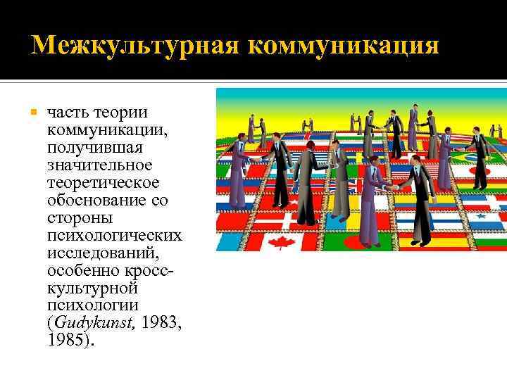 Межкультурная коммуникация часть теории коммуникации, получившая значительное теоретическое обоснование со стороны психологических исследований, особенно