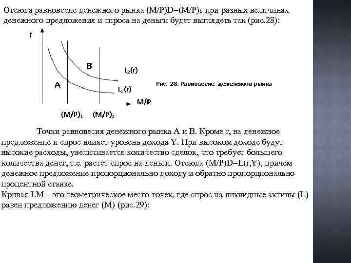 Отсюда равновесие денежного рынка (М/Р)D=(M/P)s при разных величинах денежного предложения и спроса на деньги