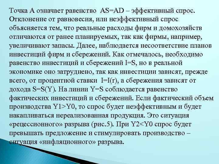 Точка А означает равенство AS=AD – эффективный спрос. Отклонение от равновесия, или неэффективный спрос