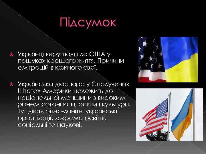 Підсумок Українці вирушали до США у пошуках кращого життя. Причини еміграцій в кожного свої.