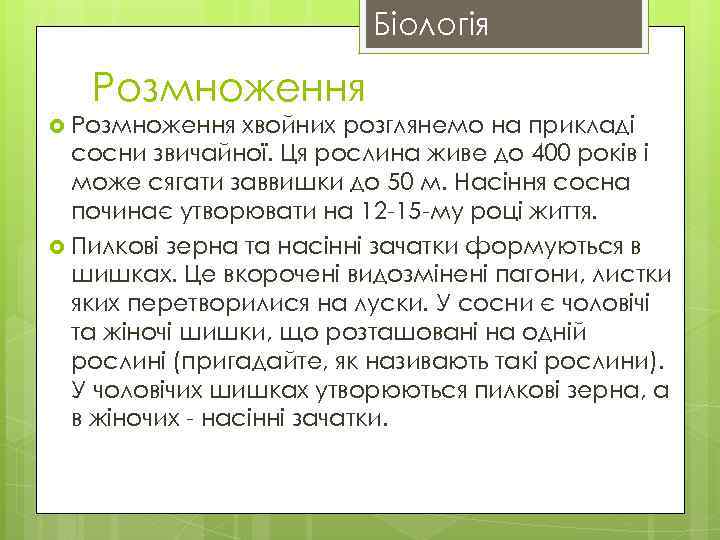 Біологія Розмноження хвойних розглянемо на прикладі сосни звичайної. Ця рослина живе до 400 років