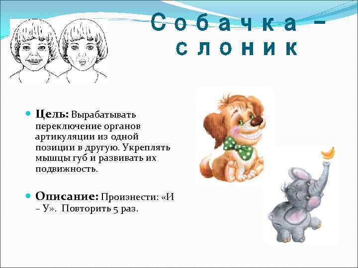 Собачка – слоник Цель: Вырабатывать переключение органов артикуляции из одной позиции в другую. Укреплять